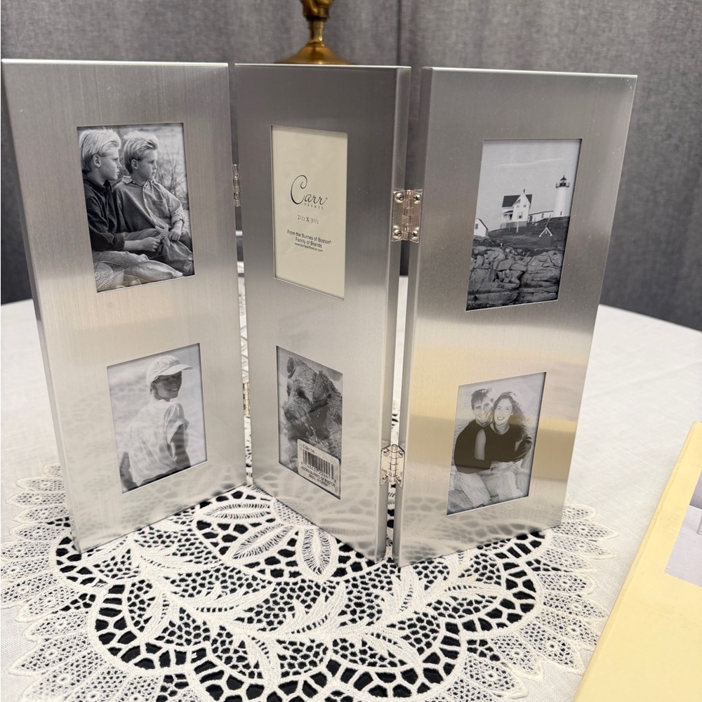 Carr New Silver Metal Folding Picture Frame. 13x10  Holds 2x3in Photos.